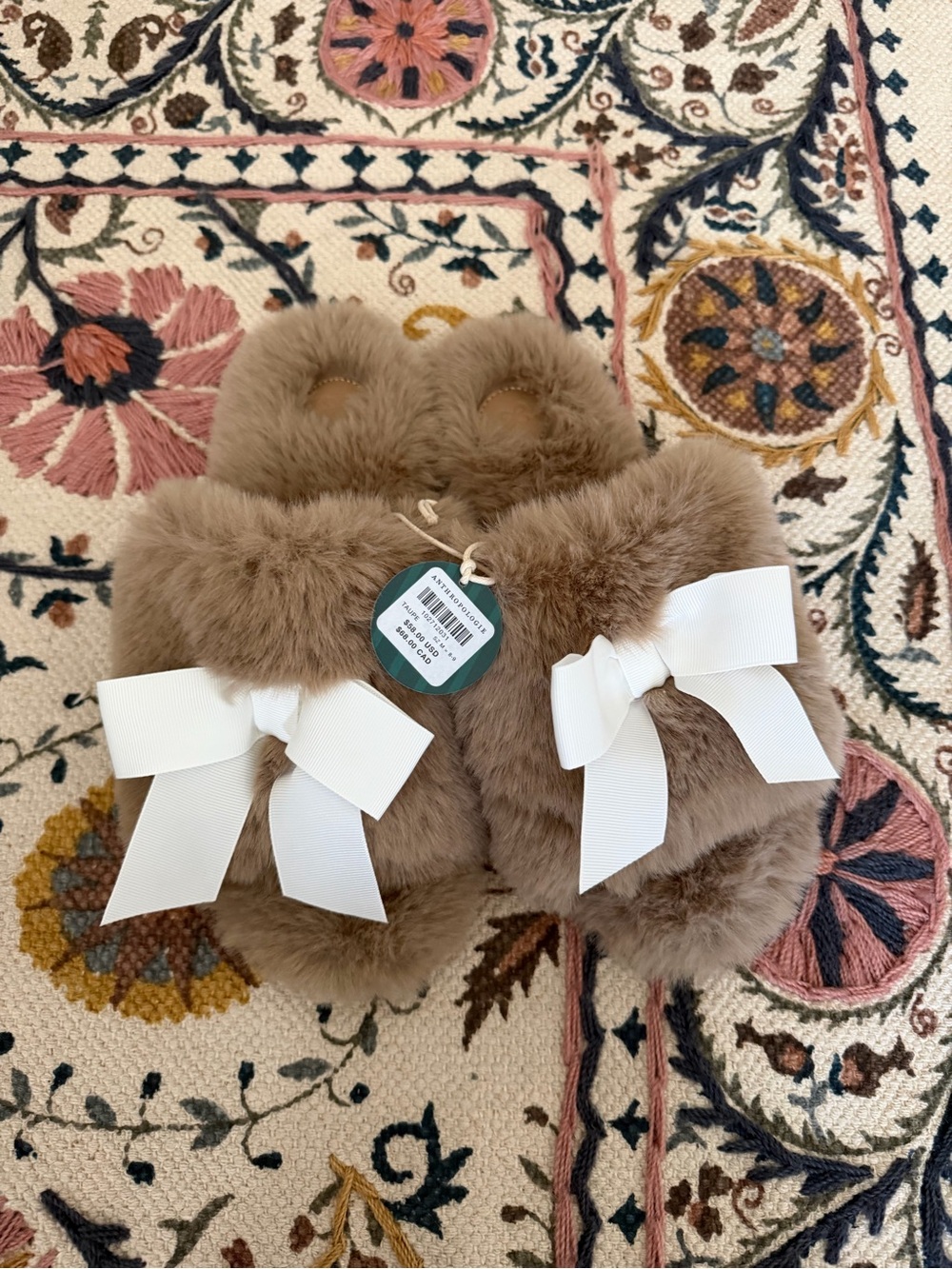 Anthropologie Cozy Faux Fur Slippers with White Bow